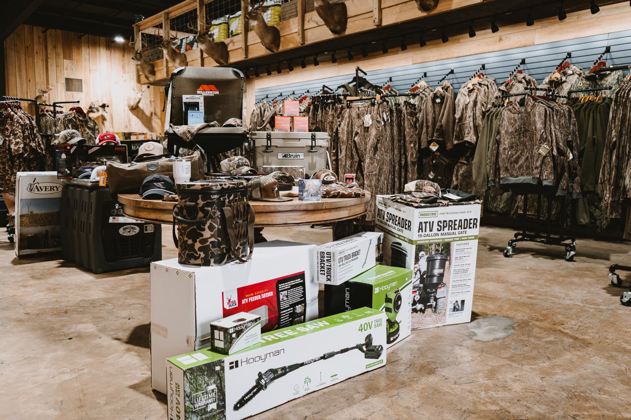 Hunting and outdoor products displayed inside Sip Outdoors